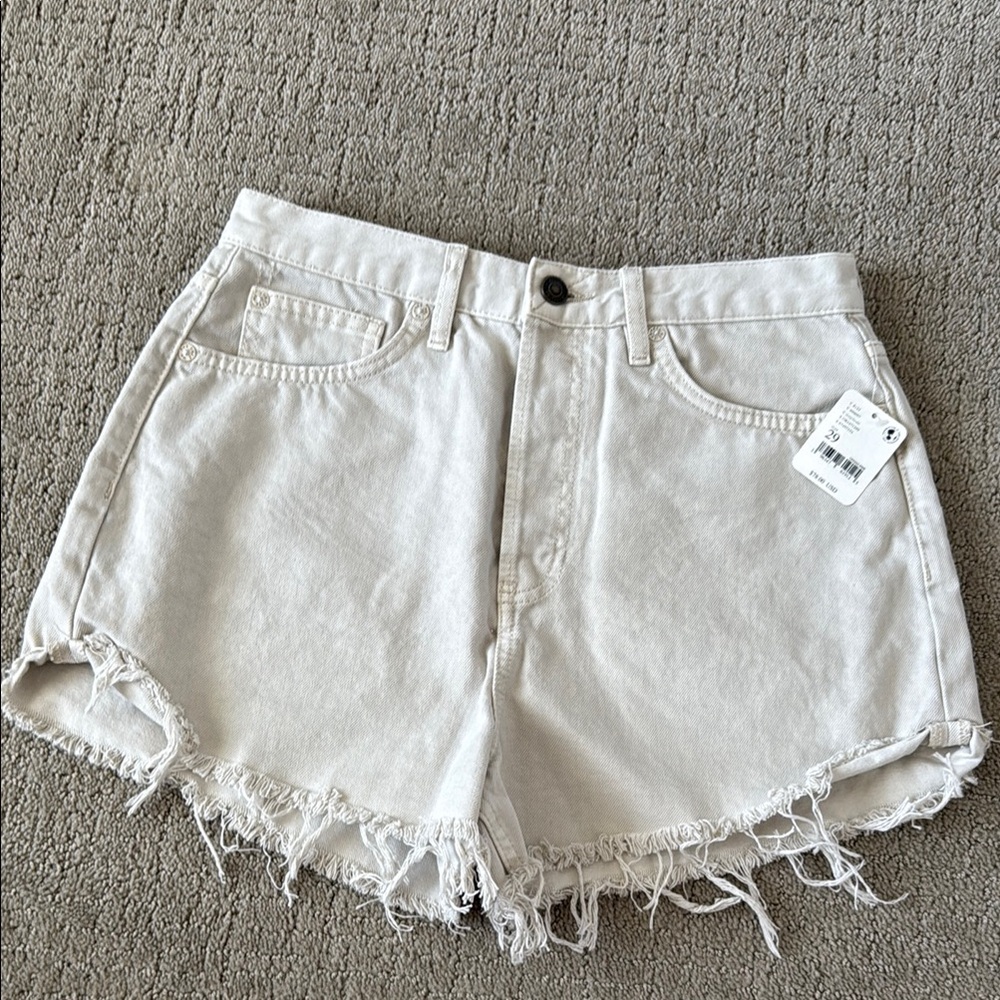 Free People Cream Jean Shorts with Distressed Raw Hem
